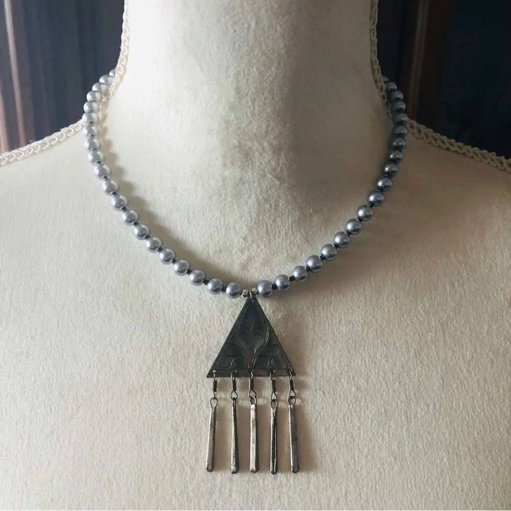 Handcrafted repurpose southwest etched steel pendant Czech glass Pearl necklace